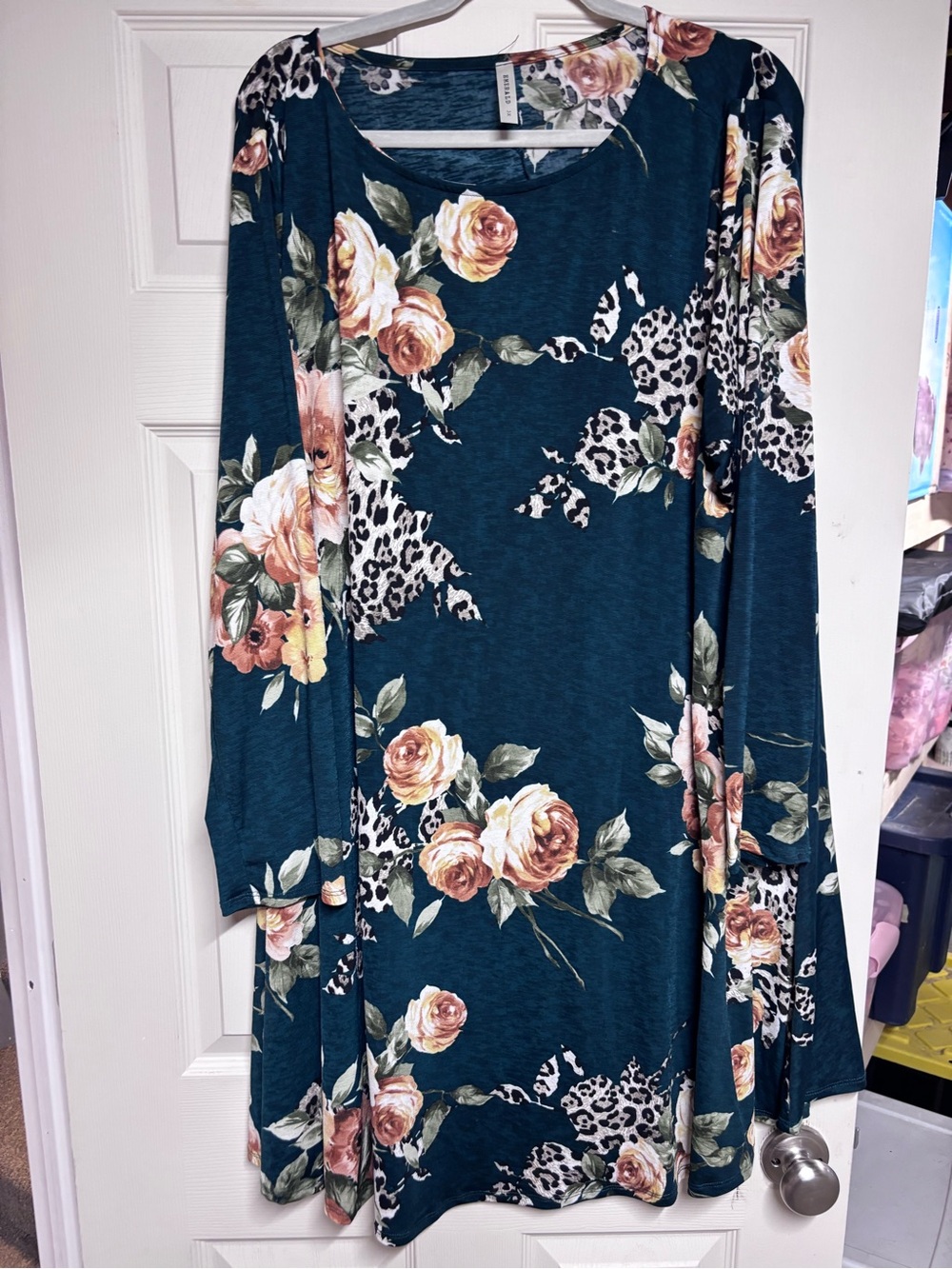 Emerald Teal Floral & Leopard Accent Long Sleeve Dress
